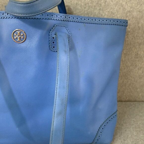 Tory Burch Blue Leather Tote Bag Perforated Details Gold Logo  Shopper Tote - Picture 4 of 15